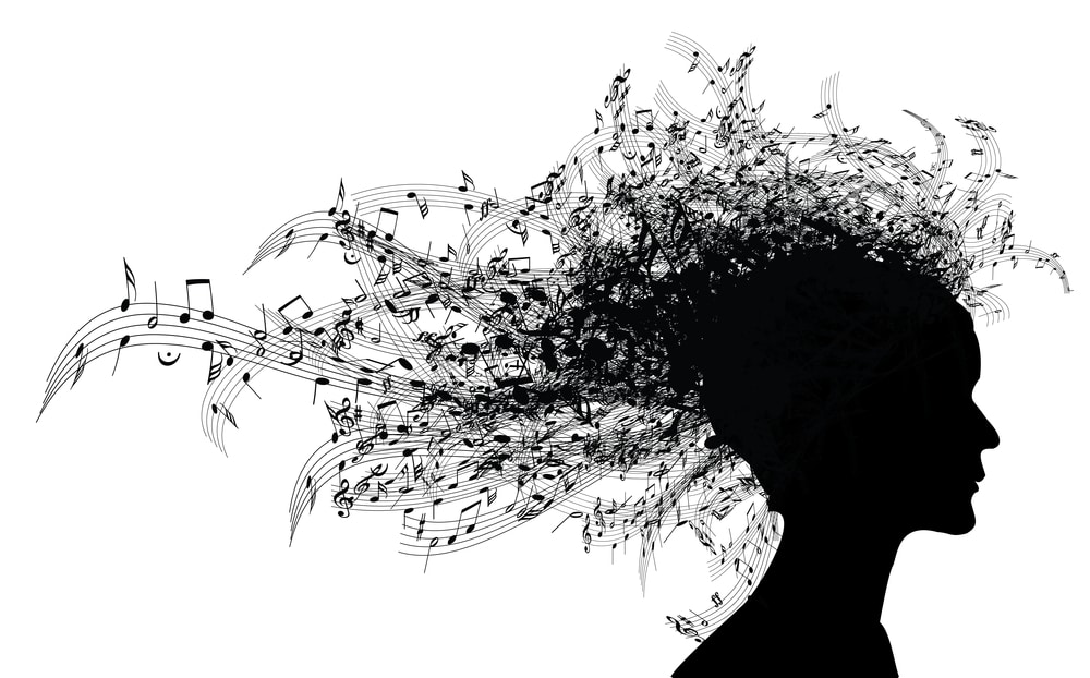 Graphic illustration of black-and-white head silhouette with music notes as hair