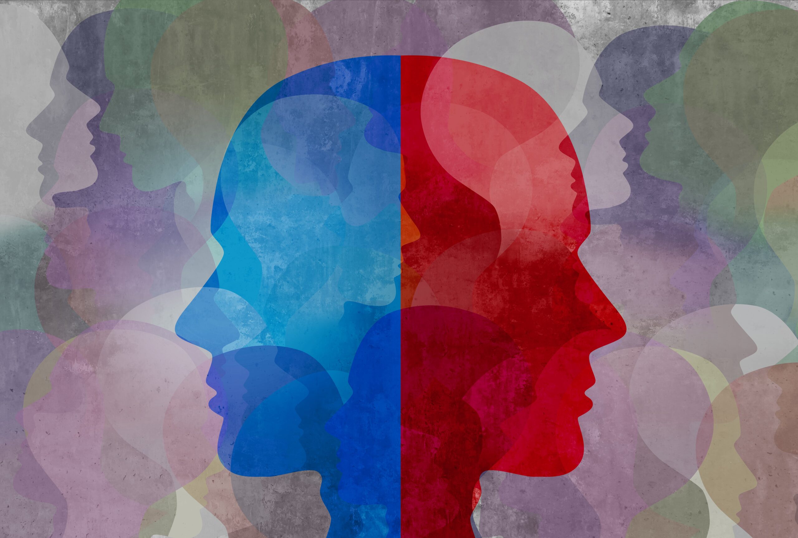 graphic illustration, two faces facing opposite directions, more faces in background, multi-colored